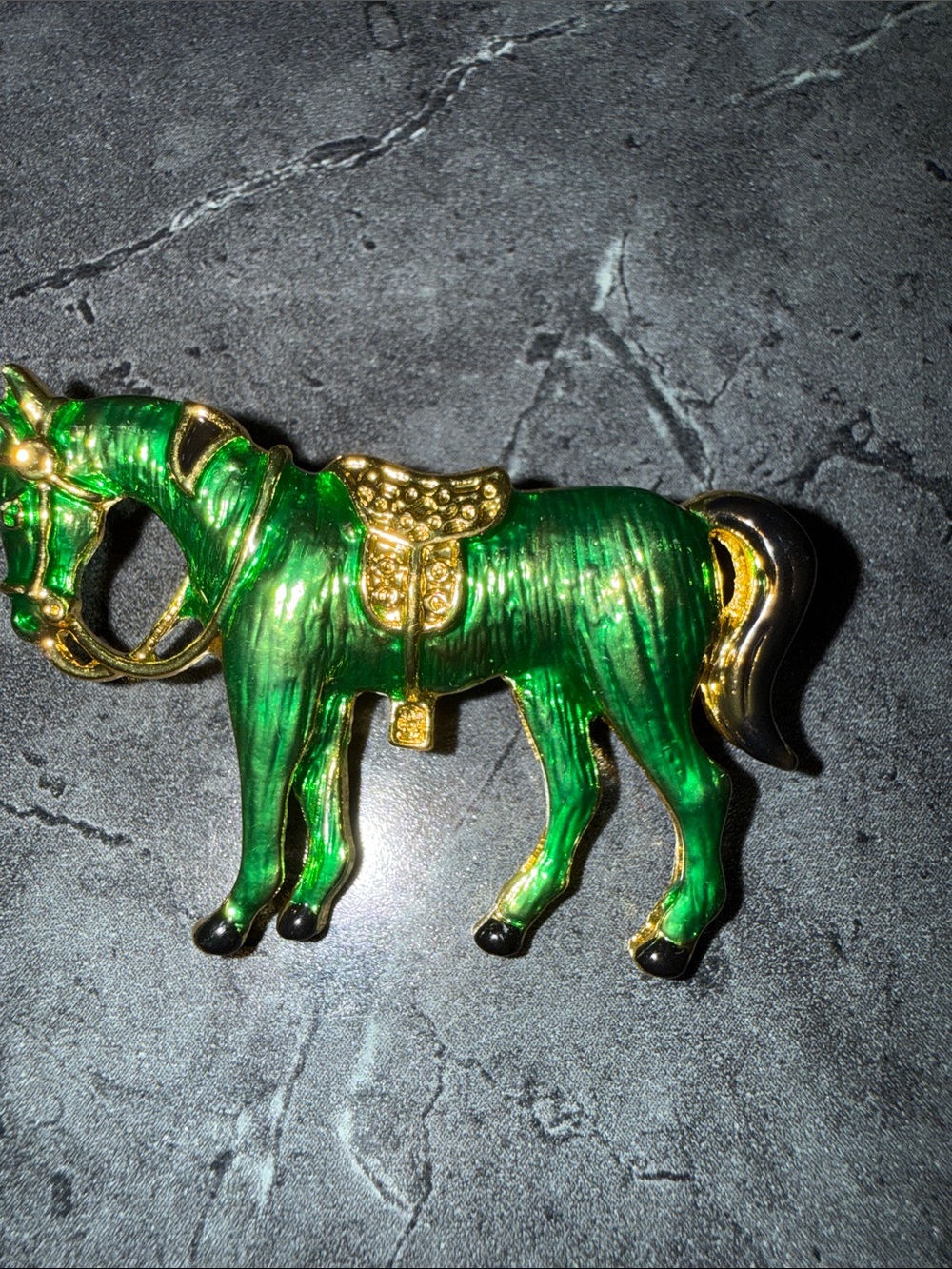 Green and Gold Enamel Horse Brooch - Shiny Equestrian Pin